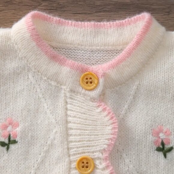 Baby Girls White Pink Floral Sweater Romper - Picture 2 of 7